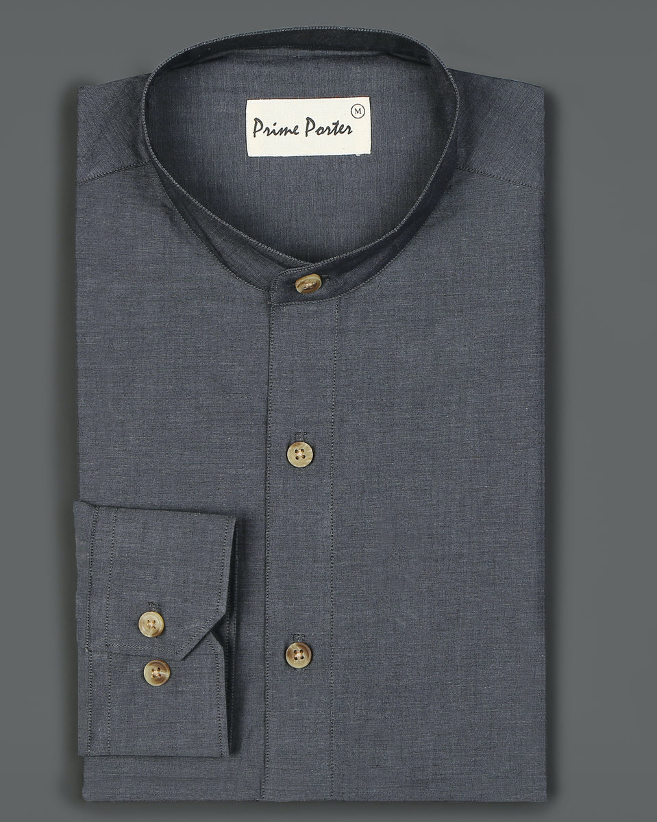 Dark Grey Band Collar Cotton Shirt For Men – Prime Porter