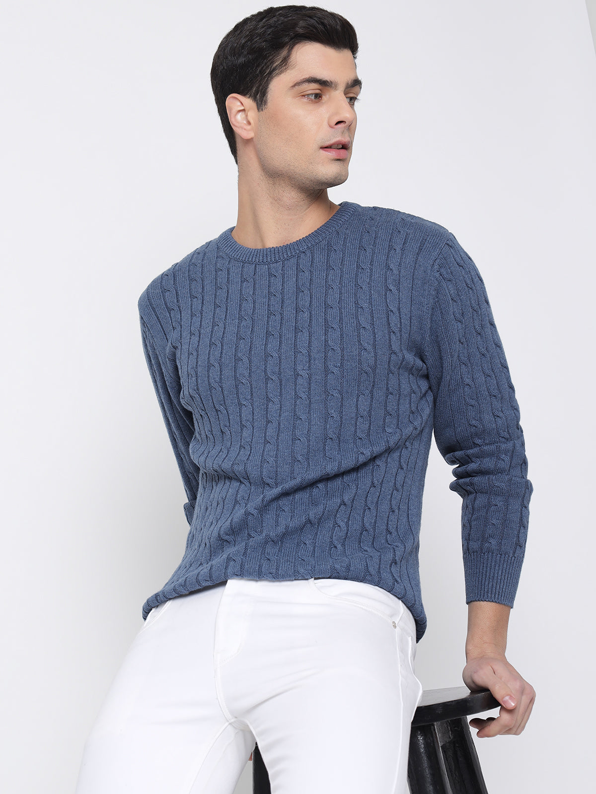 Mens blue cable knit on sale jumper