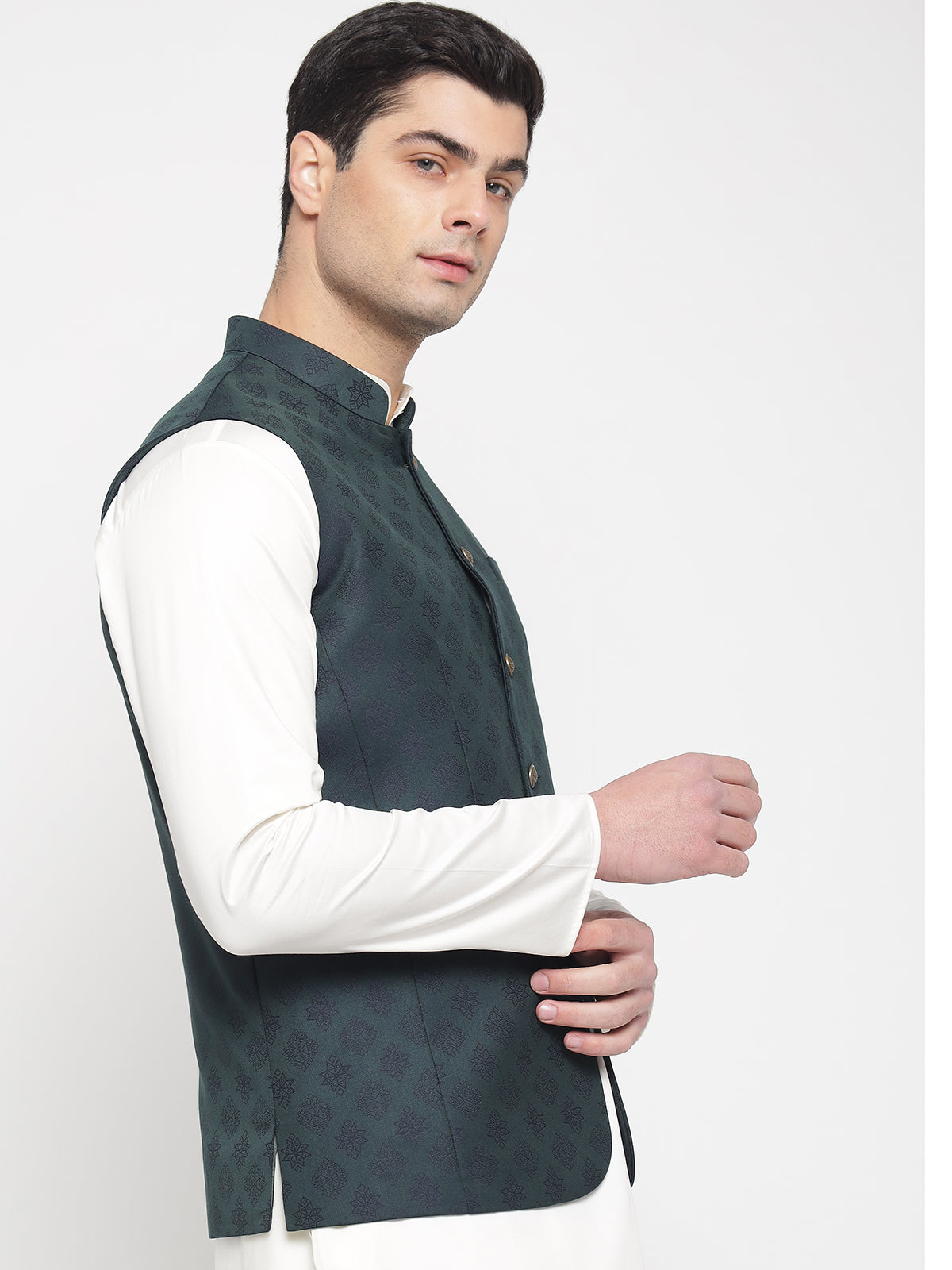 Men's Solid Kurta Pyjama With Green Woven Design Nehru Jacket – Jompers