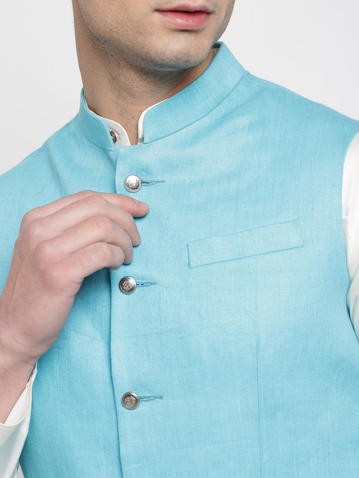 Sky Blue Linen Nehru Jacket – Minizmo